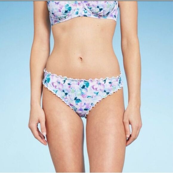 Shade & Shore Purple and Blue Low Rise Cheeky Floral Ruched Bikini Bottom Medium - Picture 1 of 5